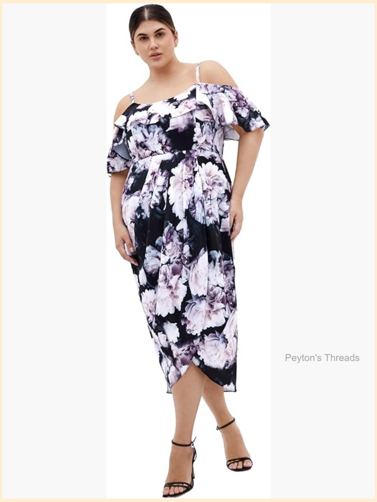 Plus Size Floral Midi Dress With Ruffle Neckline And Off-Shoulder Sleeves